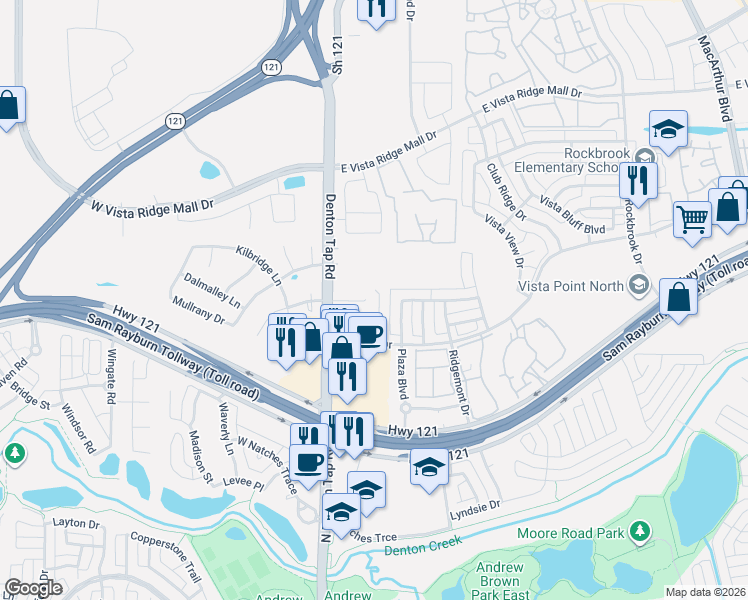 map of restaurants, bars, coffee shops, grocery stores, and more near 158 Preserve Place in Lewisville