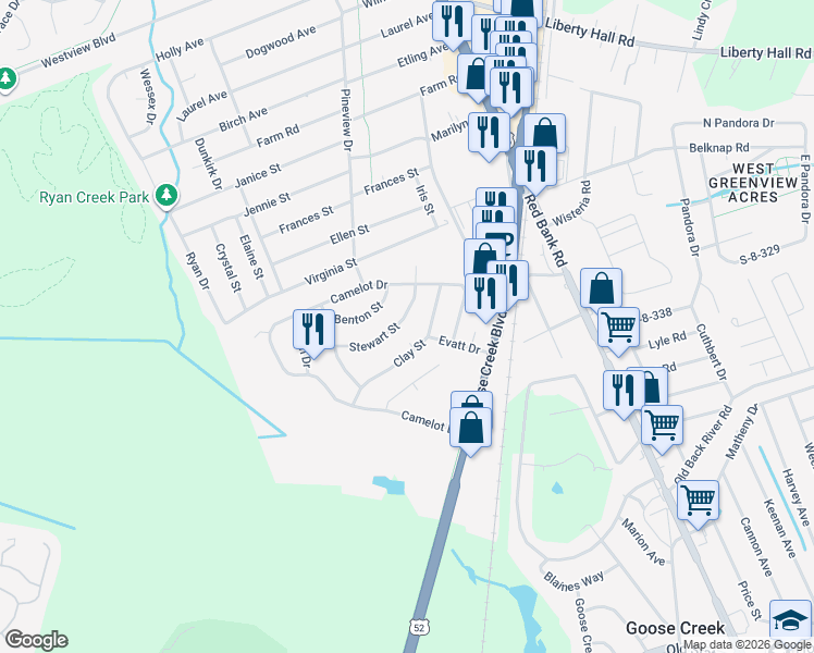 map of restaurants, bars, coffee shops, grocery stores, and more near 111 Stewart Street in Goose Creek