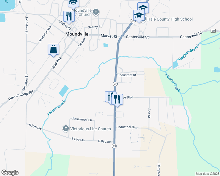 map of restaurants, bars, coffee shops, grocery stores, and more near 39787 Alabama 69 in Moundville