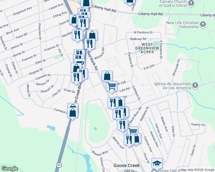 map of restaurants, bars, coffee shops, grocery stores, and more near 123 Red Bank Road in Goose Creek