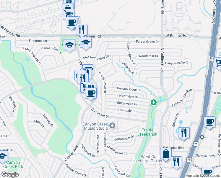 map of restaurants, bars, coffee shops, grocery stores, and more near 425 Canyon Ridge Drive in Richardson