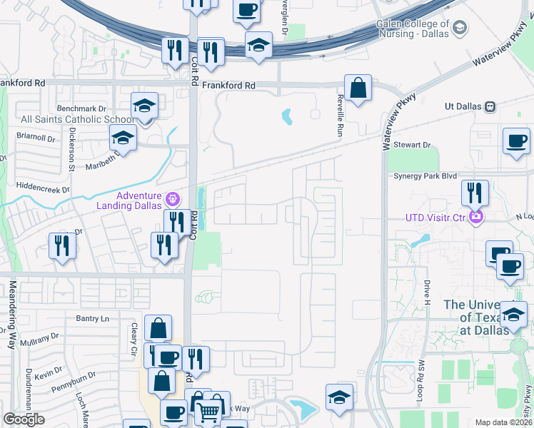 map of restaurants, bars, coffee shops, grocery stores, and more near 17618 Crabapple Court in Dallas