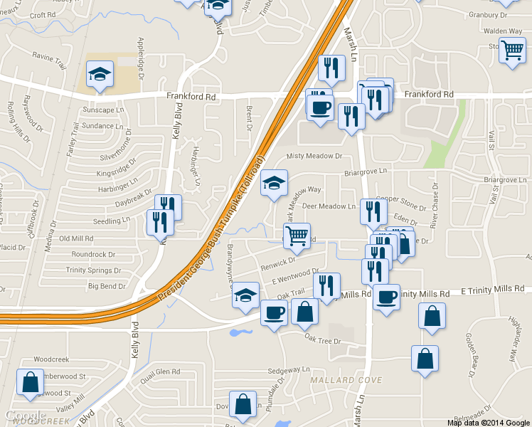map of restaurants, bars, coffee shops, grocery stores, and more near 3443 McKamy Elementary School in Dallas