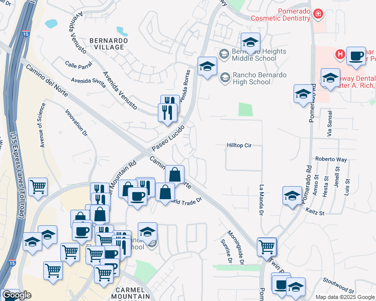 map of restaurants, bars, coffee shops, grocery stores, and more near 15024 Avenida Venusto in San Diego