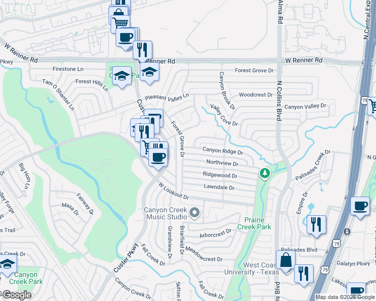 map of restaurants, bars, coffee shops, grocery stores, and more near 425 Canyon Ridge Drive in Richardson
