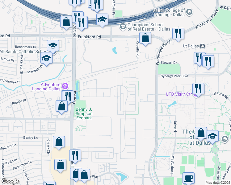 map of restaurants, bars, coffee shops, grocery stores, and more near 17643 Sequoia Drive in Dallas