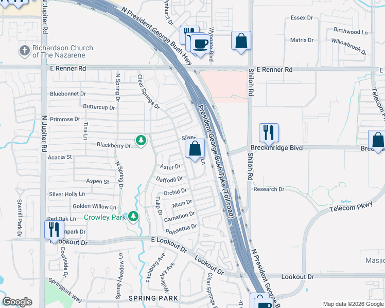 map of restaurants, bars, coffee shops, grocery stores, and more near 3001 Warm Springs Lane in Richardson