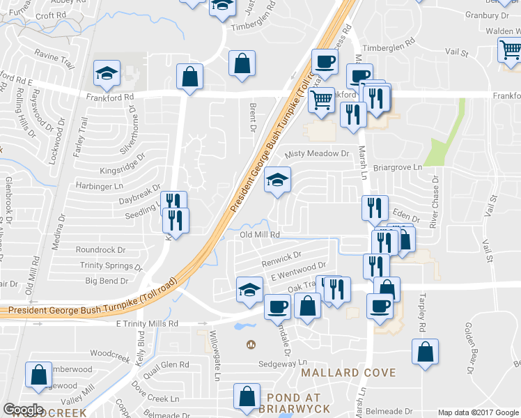 map of restaurants, bars, coffee shops, grocery stores, and more near 3443 Briargrove Lane in Dallas