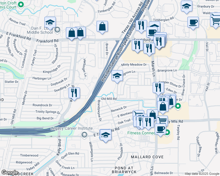 map of restaurants, bars, coffee shops, grocery stores, and more near 3443 Briargrove Lane in Dallas