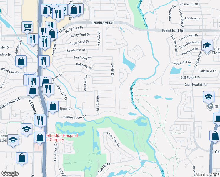 map of restaurants, bars, coffee shops, grocery stores, and more near 5123 Spyglass Drive in Dallas