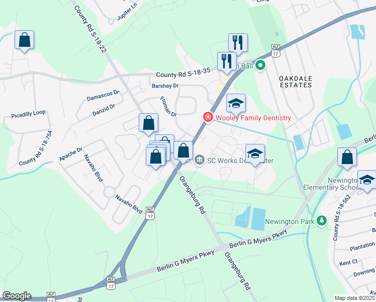 map of restaurants, bars, coffee shops, grocery stores, and more near 1325 Boone Hill Rd in Summerville