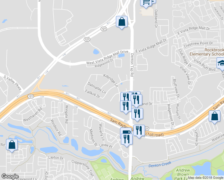 map of restaurants, bars, coffee shops, grocery stores, and more near 143 Fallkirk Drive in Coppell