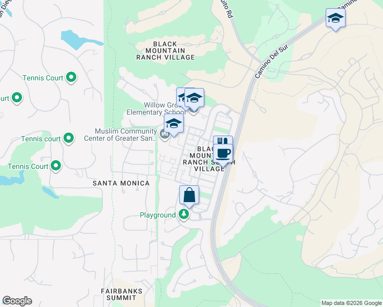 map of restaurants, bars, coffee shops, grocery stores, and more near 7580 Via Landini in San Diego