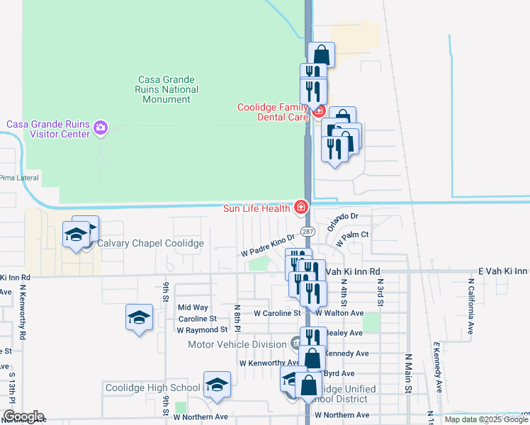 map of restaurants, bars, coffee shops, grocery stores, and more near 1290 North Mesquite Lane in Coolidge