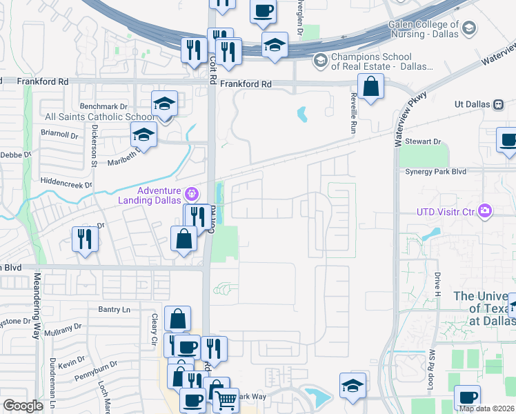 map of restaurants, bars, coffee shops, grocery stores, and more near 17633 Pinyon Lane in Dallas