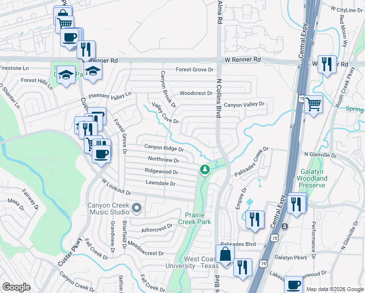 map of restaurants, bars, coffee shops, grocery stores, and more near 312 Canyon Ridge Drive in Richardson