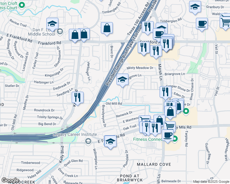 map of restaurants, bars, coffee shops, grocery stores, and more near 3443 McKamy Elementary School in Dallas