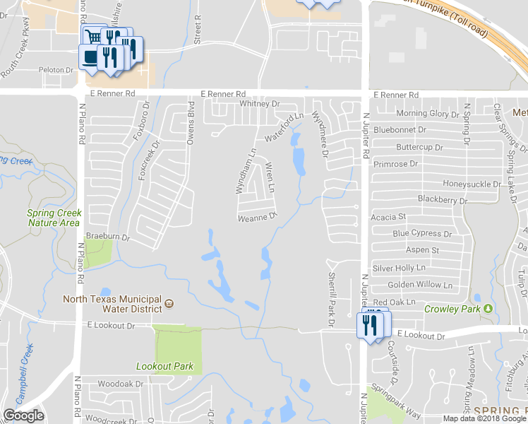 map of restaurants, bars, coffee shops, grocery stores, and more near 1813 Weanne Drive in Richardson