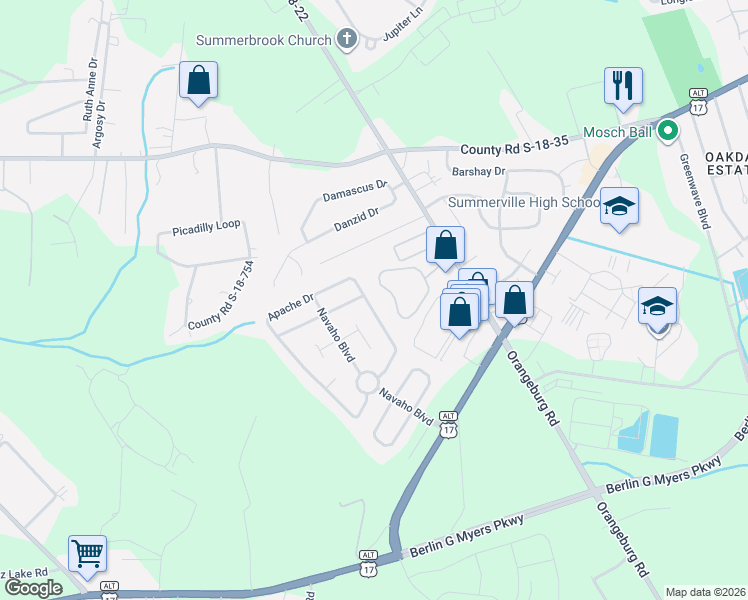 map of restaurants, bars, coffee shops, grocery stores, and more near 136 Apache Drive in Summerville