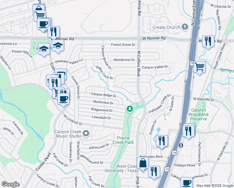 map of restaurants, bars, coffee shops, grocery stores, and more near 312 Canyon Ridge Drive in Richardson