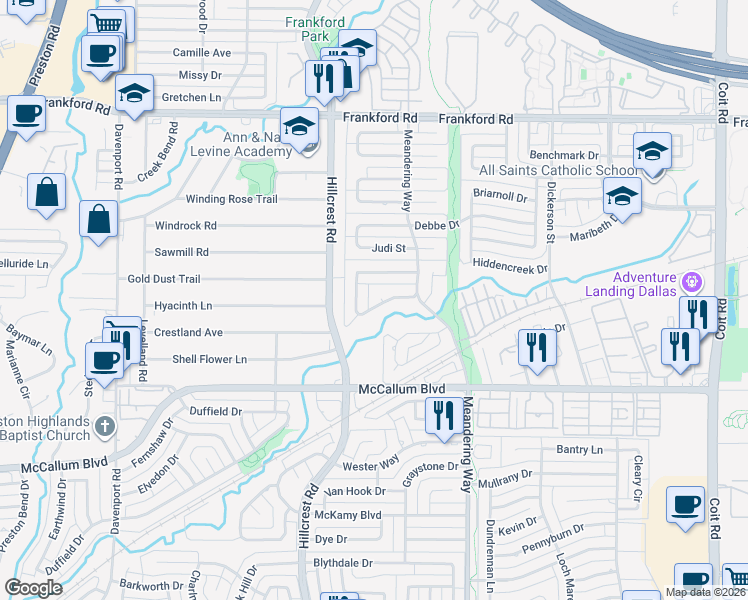 map of restaurants, bars, coffee shops, grocery stores, and more near 6827 Blue Mesa Drive in Dallas
