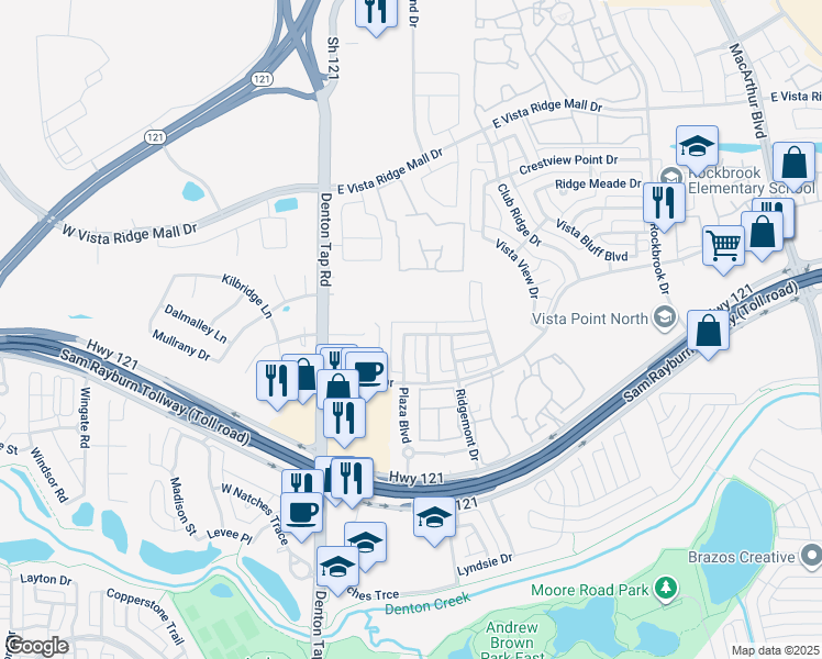 map of restaurants, bars, coffee shops, grocery stores, and more near 209 Ridgedale Drive in Lewisville