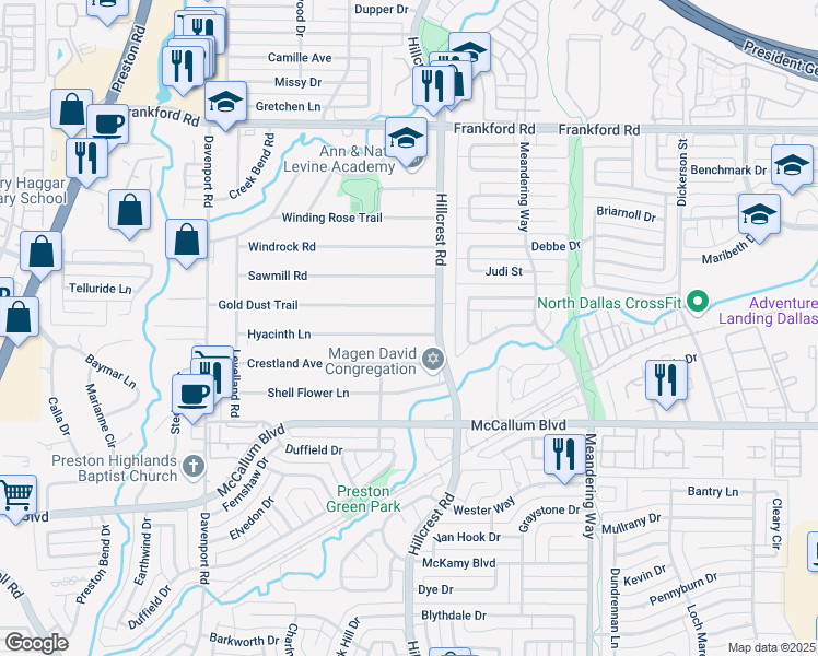 map of restaurants, bars, coffee shops, grocery stores, and more near 6815 Hyacinth Lane in Dallas