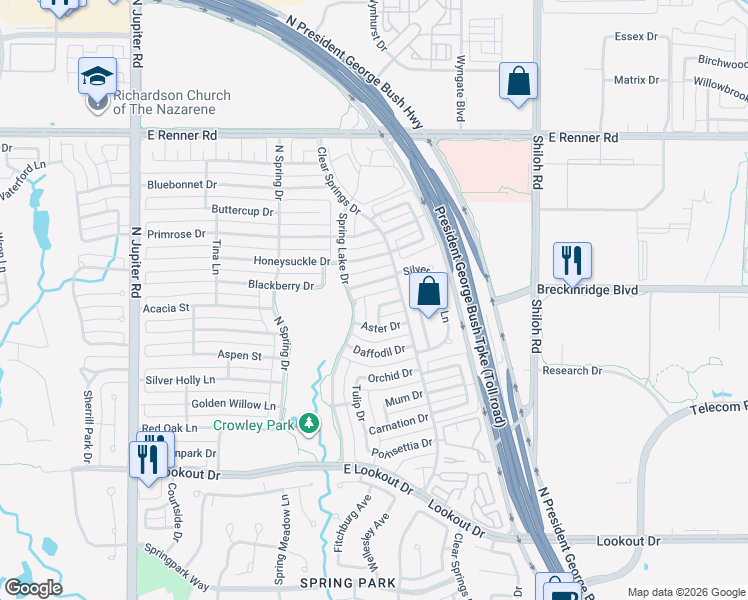 map of restaurants, bars, coffee shops, grocery stores, and more near 2669 Daisy Lane in Richardson