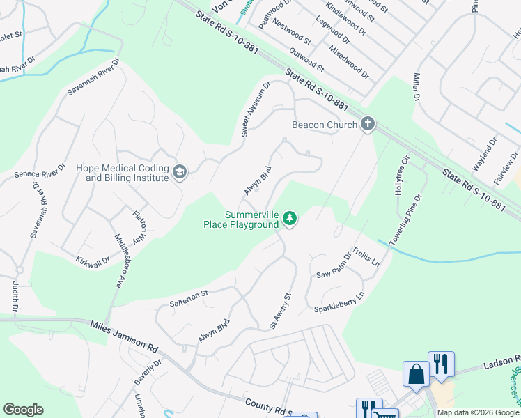 map of restaurants, bars, coffee shops, grocery stores, and more near 603 Alwyn Boulevard in Summerville