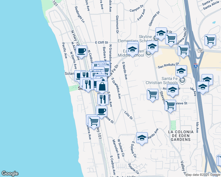 map of restaurants, bars, coffee shops, grocery stores, and more near 190 South Rios Avenue in Solana Beach