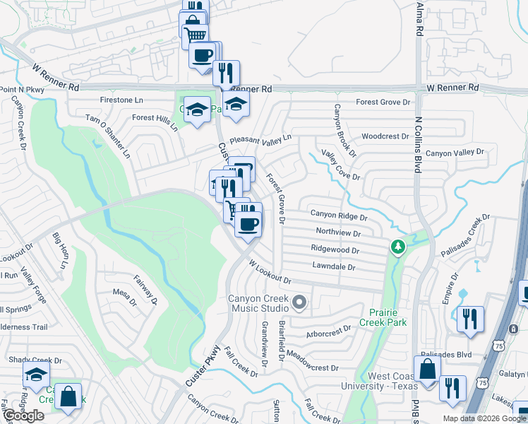 map of restaurants, bars, coffee shops, grocery stores, and more near 2674 Custer Parkway in Richardson