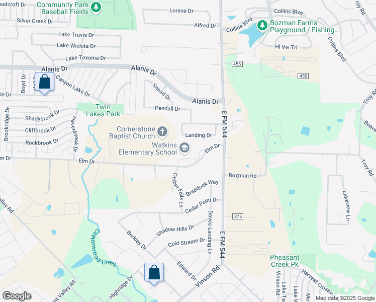 map of restaurants, bars, coffee shops, grocery stores, and more near 1301 Elm Drive in Wylie