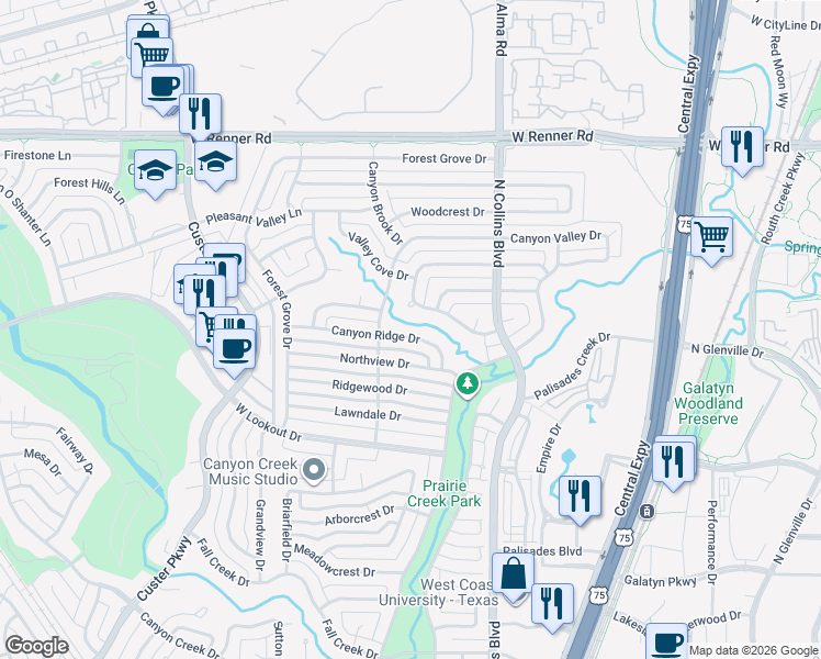 map of restaurants, bars, coffee shops, grocery stores, and more near 312 Canyon Ridge Drive in Richardson