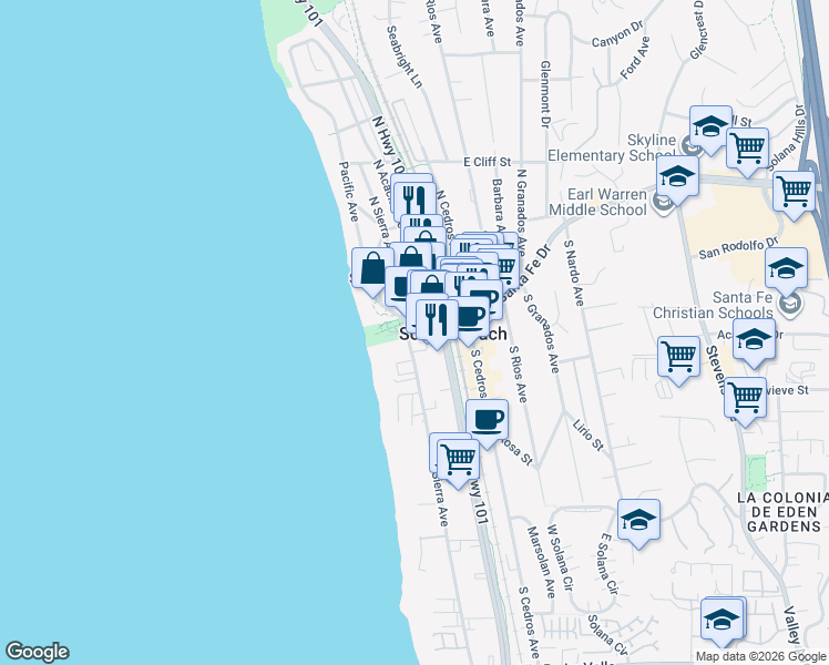 map of restaurants, bars, coffee shops, grocery stores, and more near 120 South Sierra Avenue in Solana Beach