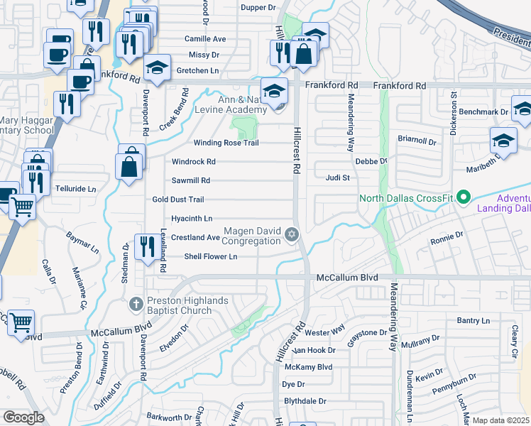 map of restaurants, bars, coffee shops, grocery stores, and more near 6815 Hyacinth Lane in Dallas