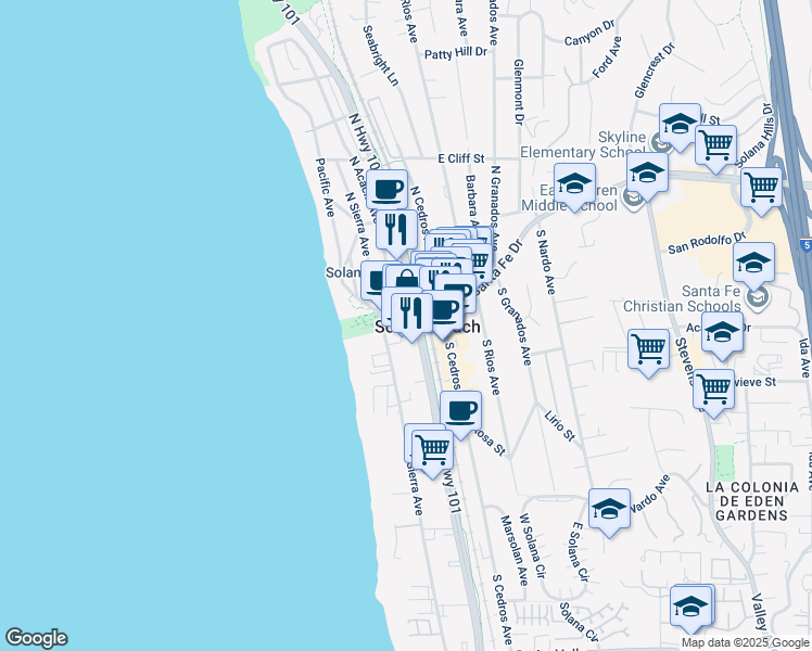 map of restaurants, bars, coffee shops, grocery stores, and more near in Solana Beach
