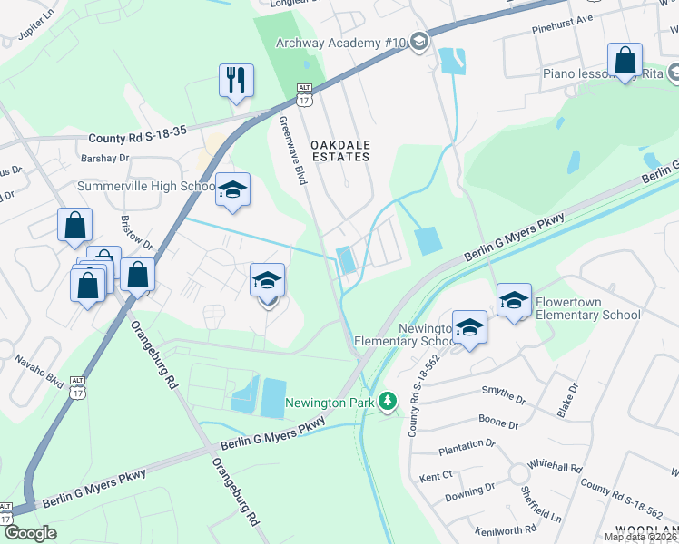map of restaurants, bars, coffee shops, grocery stores, and more near 235 Forest Circle in Summerville
