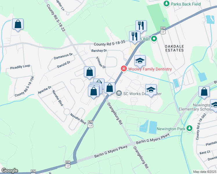 map of restaurants, bars, coffee shops, grocery stores, and more near 1397 Boonehill Road in Summerville