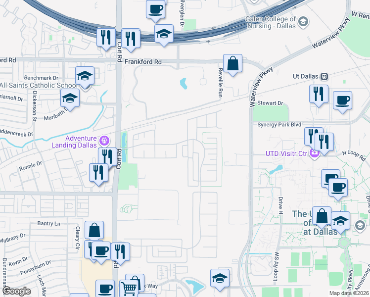 map of restaurants, bars, coffee shops, grocery stores, and more near 17643 Sequoia Drive in Dallas