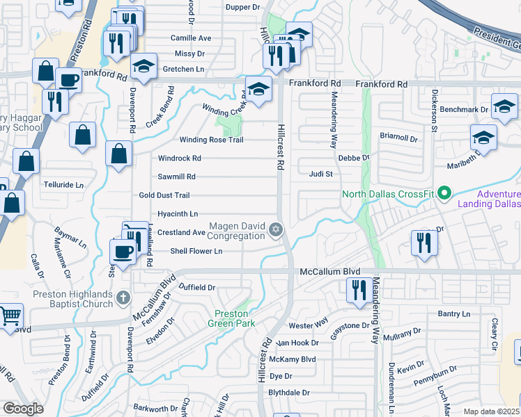map of restaurants, bars, coffee shops, grocery stores, and more near 6815 Hyacinth Lane in Dallas