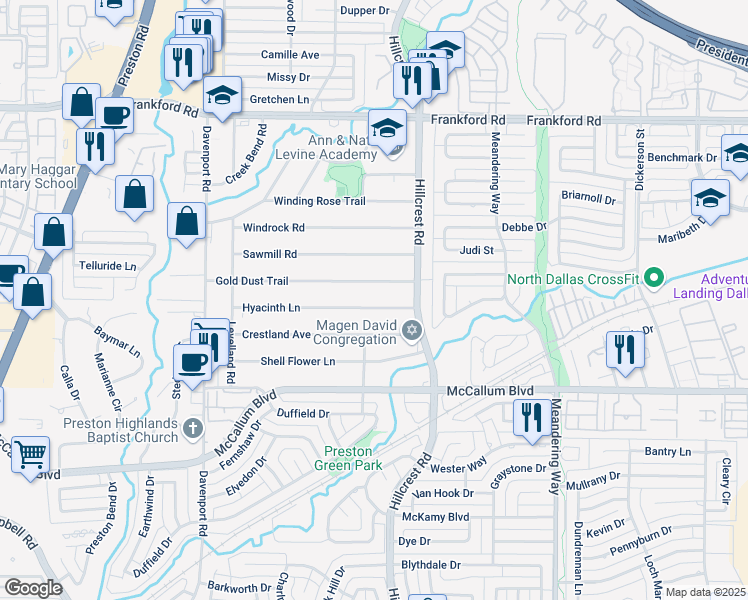 map of restaurants, bars, coffee shops, grocery stores, and more near 6815 Hyacinth Lane in Dallas