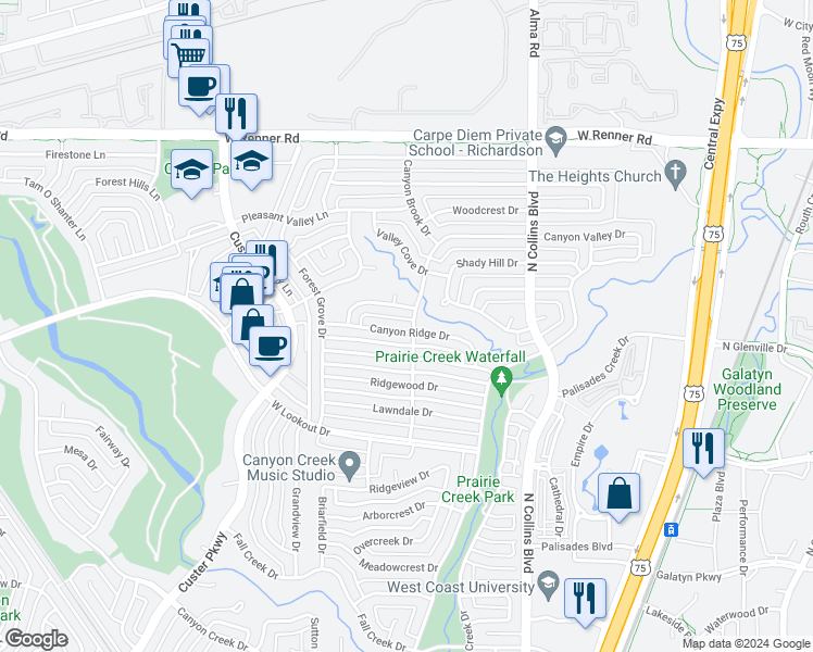 map of restaurants, bars, coffee shops, grocery stores, and more near 400 Canyon Ridge Drive in Richardson