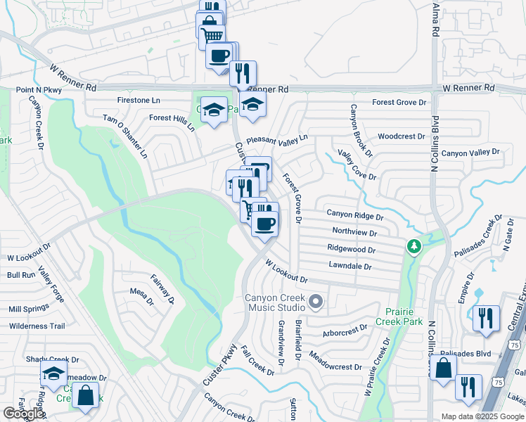 map of restaurants, bars, coffee shops, grocery stores, and more near 2641 Stoneleigh Circle in Richardson