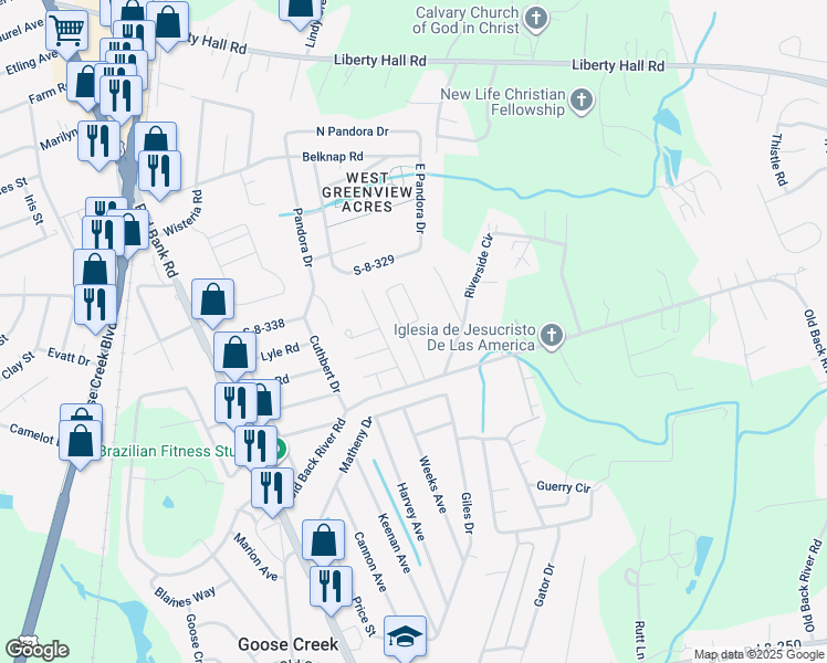 map of restaurants, bars, coffee shops, grocery stores, and more near 128 Mapleridge Drive in Goose Creek