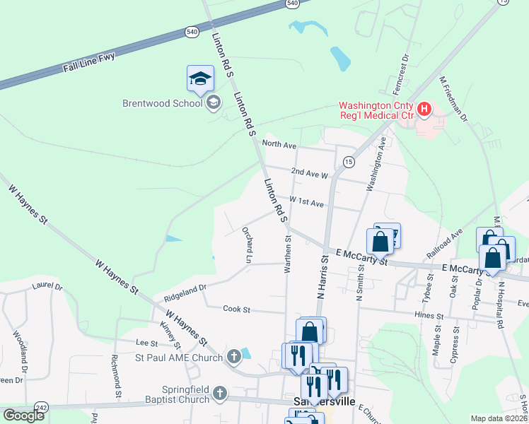 map of restaurants, bars, coffee shops, grocery stores, and more near 204 Miamola Avenue in Sandersville