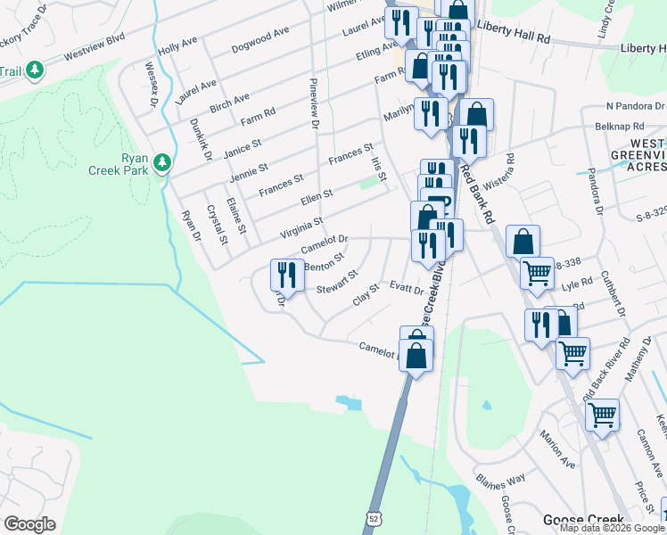 map of restaurants, bars, coffee shops, grocery stores, and more near 111 Benton Street in Goose Creek