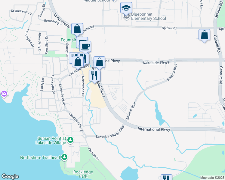 map of restaurants, bars, coffee shops, grocery stores, and more near 401 Silveron Boulevard in Flower Mound