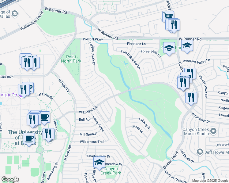 map of restaurants, bars, coffee shops, grocery stores, and more near 2782 Canyon Creek Drive in Richardson