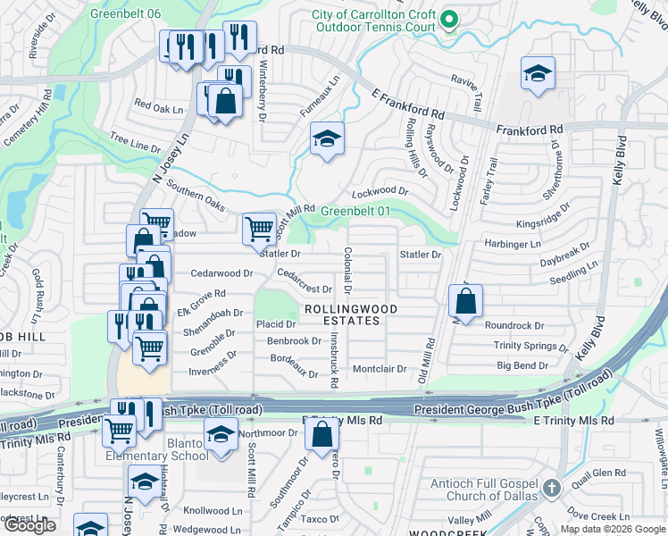 map of restaurants, bars, coffee shops, grocery stores, and more near 2116 Sheraton Drive in Carrollton