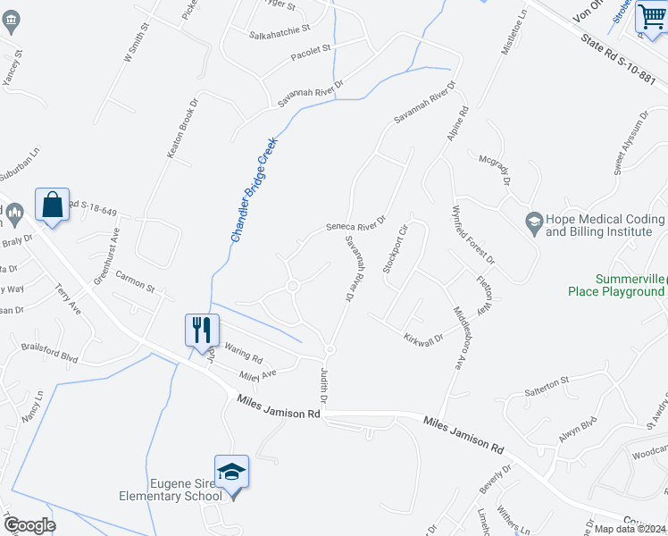 map of restaurants, bars, coffee shops, grocery stores, and more near 138 Broad River Drive in Summerville